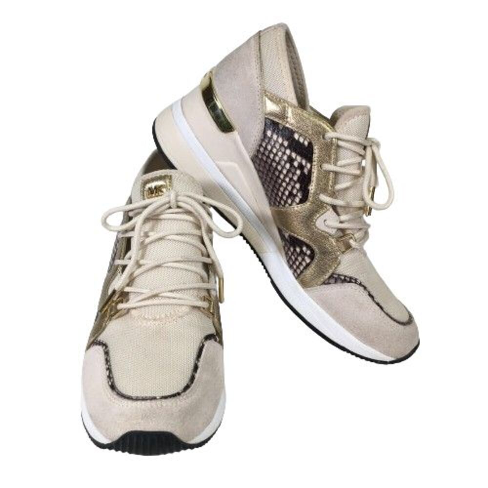 Michael Kors Liv Logo Trainer Extreme Wedge Ivory Brown Gold Womens Shoes Sz 8.5 - Picture 14 of 14